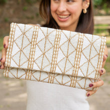 Load image into Gallery viewer, Bride clutch purse, gift for bride, seed beaded clutch purse, bridal purse clutch, white gold beaded wedding clutch, bride gifts, bridal gifts, engagement gifts, bridal shower gifts, bridesmaid gifts, bride to be gift, gift for her, bride gift, wedding gift, bridal gift, bridal purse clutch, wedding bag, wedding purse for bride, bride bag, wedding bridal clutch, wedding white bag, gifts for the bride, best engagement gift, best bridesmaid gift, bridal clutch, white gold crossbody, golden clutch purse, eveni