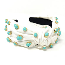 Load image into Gallery viewer, headbands for women, Wide knot headband, handmade headbands, top knotted headband, knotted headband, hair band for women, embellished headband, rhinestone headband, bejeweled headband, luxury headband, jeweled headband for women, knotted jeweled headband, bling headband, embellished knot headband, luxury knot headband, pearly headbands, turquoise gemstone headband, turquoise hair accessories, white headbands, boho headbands, boho jeweled headband, embellished headband, best selling items