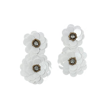 Load image into Gallery viewer, custom beaded Earrings, white jeweled Earrings, white sequin Earrings, boho earrings, white floral earrings, handmade earrings, custom earrings, party accessories, fancy accessories, iridescent lightweight earrings, custom earrings, best friend gifts, birthday gifts, bohemian earrings, luxurious handmade accessories, night jewelry, Fancy earrings, boho earrings, beaded earrings, Fancy jeweled earrings, statement earrings, best selling items, statement earrings, handmade gifts, custom gifts for her, lightwei