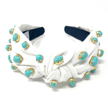 Load image into Gallery viewer, headbands for women, Wide knot headband, handmade headbands, top knotted headband, knotted headband, hair band for women, embellished headband, rhinestone headband, bejeweled headband, luxury headband, jeweled headband for women, knotted jeweled headband, bling headband, embellished knot headband, luxury knot headband, pearly headbands, turquoise gemstone headband, turquoise hair accessories, white headbands, boho headbands, boho jeweled headband, embellished headband, best selling items