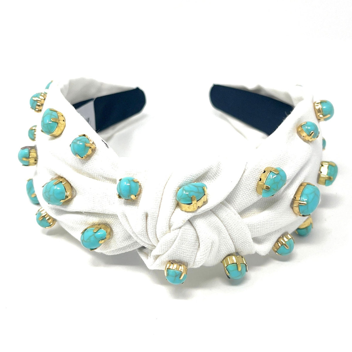 Twine and Love White and Turquoise Gemstone Hair Band Turquoise Jeweled Knot Headband, Embellished Knot Headband  main image 4