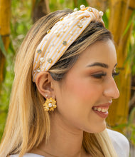 Load image into Gallery viewer, headbands for women, Wide headband, handmade headbands, top knotted headband, knotted headband, hair band for women, embellished headband, rhinestone headband, gemstone headband for women, luxury headband, jeweled headband for women, knotted jeweled headband, bling headband, embellished knot headband, luxury knot headband, pearly headbands, pearly rhinestone headband, spring hair accessories, blue and white headband, spring headbands, Striped jeweled headband, embellished headband, best selling items