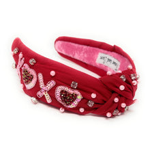 Load image into Gallery viewer, VALENTINES's day Jeweled Headband, Valentine’s Day Headband, XOXO Jeweled Knot Headband, Jeweled Knot Headbands, Valentines Day Knotted Headband, best selling headband, Valentine’s day gift for her, headbands for women, best selling items, knotted headbands, vday headband, red knot headband, valentine headband, valentines headband, valentines day gifts, embellished headband, Red Valentines day headband, XOXO Top knot headband, handmade headband, heart sequin knot headband, custom headband