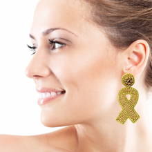 Load image into Gallery viewer, yellow ribbon Beaded Earrings, beaded yellow Earrings, yellow Earrings, cancer awareness Beaded Earrings, yellow ribbon earrings, bone cancer awareness earrings, yellow ribbon earrings, cancer awareness earrings, Beaded earrings, childhood cancer ribbon earrings, star seed bead earrings, ribbon accessories, cancer awareness accessories, spring summer earrings, gifts for mom, best friend gifts, birthday gifts, yellow earrings, yellow beaded earrings, yellow cancer awareness accessories