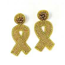 Load image into Gallery viewer, yellow ribbon Beaded Earrings, beaded yellow Earrings, yellow Earrings, cancer awareness Beaded Earrings, yellow ribbon earrings, bone cancer awareness earrings, yellow ribbon earrings, cancer awareness earrings, Beaded earrings, childhood cancer ribbon earrings, star seed bead earrings, ribbon accessories, cancer awareness accessories, spring summer earrings, gifts for mom, best friend gifts, birthday gifts, yellow earrings, yellow beaded earrings, yellow cancer awareness accessories