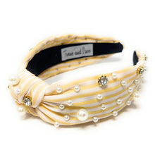 Load image into Gallery viewer, headbands for women, Wide headband, handmade headbands, top knotted headband, knotted headband, hair band for women, embellished headband, rhinestone headband, gemstone headband for women, luxury headband, jeweled headband for women, knotted jeweled headband, bling headband, embellished knot headband, luxury knot headband, pearly headbands, pearly rhinestone headband, spring hair accessories, blue and white headband, spring headbands, Striped jeweled headband, embellished headband, best selling items