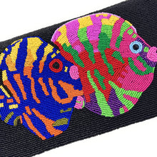 Load image into Gallery viewer, Colorful, beaded clutch with two fish designs. The fish feature vibrant stripes in blue, yellow, pink, green, and orange against a dark background made of seed beads.
