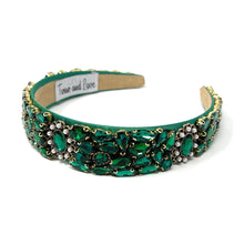 Load image into Gallery viewer, headband for women, fall headband, emerald color headband, fall winter headband, green headband, bridal headband, bridal accessories, green color hairband, green hair band, unique green headband, unique headband, statement headbands, green bridal headband, baroque headband, green hair accessories, unique baroque headband, gemstone headband, luxury headband, embellished headband, dainty headband, baroque embellished headband, custom headband, green jeweled headband