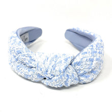 Load image into Gallery viewer, headbands for women, tweed headband, handmade headbands, top knotted headband, knotted headband, hair band for women, blue headband, tweed headband, neutral headband for women, winter headband, tweed knot headband for women, knotted jeweled headband, bling headband, fall winter knot headband, luxury knot headband, plaid tweed headband, tweed knotted headband, fall hair accessories, soft blue tweed, blue tweed, winter headbands, neutral tweed headband, tweed plaid headband, tweed accessories