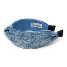 Load image into Gallery viewer, Blue denim headband with a knot design and small scattered rhinestones for sparkle, conveying a chic style.