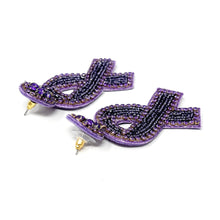 Load image into Gallery viewer, Purple ribbon Beaded Earrings, beaded purple Earrings, Purple Earrings, cancer awareness Beaded Earrings, pancreatic ribbon earrings, pancreatic awareness earrings, pancreatic cancer ribbon earrings, cancer awareness earrings, Beaded earrings, pancreatic cancer ribbon earrings, purple bead earrings, ribbon accessories, pancreatic cancer awareness accessories, support cancer awareness earrings, gifts for mom, best friend gifts, birthday gifts, purple earrings, purple beaded earrings, support cancer awareness