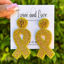 Load image into Gallery viewer, yellow ribbon Beaded Earrings, beaded yellow Earrings, yellow Earrings, cancer awareness Beaded Earrings, yellow ribbon earrings, bone cancer awareness earrings, yellow ribbon earrings, cancer awareness earrings, Beaded earrings, childhood cancer ribbon earrings, star seed bead earrings, ribbon accessories, cancer awareness accessories, spring summer earrings, gifts for mom, best friend gifts, birthday gifts, yellow earrings, yellow beaded earrings, yellow cancer awareness accessories