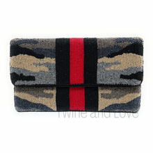 Load image into Gallery viewer, beaded clutch purse, beaded bag, birthday gift for her, summer clutch, seed bead purse, beaded bag, seed bead clutch, summer bag, clutch bag, engagement gift, bridal gift to bride, bridal gift, Fuchsia purse, gifts to bride, wedding gift, bride gifts, cross body purse, bride to be gift, engagement gift, bachelorette gifts, best friend gift, best selling item, party bag, fall purse, boho clutch, best friend gift, bridesmaid gift, bachelorette gift, camo beaded clutch purse, red stripe crossbody purse