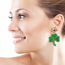 Load image into Gallery viewer, Green Beaded Earrings, St. Patrick’s Day Earrings, St. Pats Earrings, Leprechaun Beaded Earrings, Seed Bead, Leprechaun earrings, Green Clover Leaf earrings, Shamrock beaded earrings, St. Patricks beaded earrings, Four Clover Leaf beaded earrings, St, Patricks beaded earrings, Clover Leaf seed bead earrings, Green seed bead earrings, St. Patrick’s day gifts, St. Patrick’s day accessories, holiday beaded accessories, Green accessories, St Patrick’s Day Shamrock earrings, Shamrock gifts, best Selling items