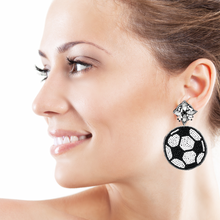 Load image into Gallery viewer, Soccer Beaded Earrings, Soccer ball Earrings, Soccer Earrings, Soccer Beaded Earrings, Soccer Bead earrings, Soccer lover beaded earrings, black and white beaded earrings, Futbol aretes, Aretes de Futbol, Beaded earrings, Black bead earrings, Soccer seed bead earrings, Soccer gifts, Soccer sport accessories, Soccer lover beaded accessories, Tennis accessories, gifts for soccer lover, Soccer gifts for mom, best Selling items, Soccer mom lover
