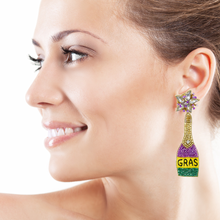 Load image into Gallery viewer, earrings for women, Gold Purple earrings, beaded earrings, Mardi Gras earrings, NOLA earrings, Mardi earrings, Purple earrings, Champagne bottle earrings, trendy earrings, party earrings, New Orleans party earrings, Mardi gras party earrings, holiday earrings, luxury earrings, Mardi gras accessories, Mardi Gras gifts, Mardi Gras New Orleans earrings, custom earrings, handmade earrings, Mardi Gras beaded earrings, Mardi Gras accessories, boho earrings, custom earrings, best selling items