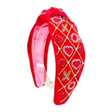 Load image into Gallery viewer, VALENTINES Jeweled Headband, Heart Headbands for Women, Heart Jeweled Knot Headband, Jeweled Knot Headbands, Valentines Day Knotted Headband, knotted headband, birthday gift for her, headbands for women, best selling items, knotted headbands, hair accessories, pink knot headband, valentine headband, valentines headband, valentines day gifts, embellished headband, heart stud headband, red headband, red hearts headband, heart headband for women and girls, bling headband, hearts knot headband, red headband