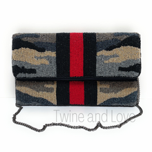 Load image into Gallery viewer, beaded clutch purse, beaded bag, birthday gift for her, summer clutch, seed bead purse, beaded bag, seed bead clutch, summer bag, clutch bag, engagement gift, bridal gift to bride, bridal gift, Fuchsia purse, gifts to bride, wedding gift, bride gifts, cross body purse, bride to be gift, engagement gift, bachelorette gifts, best friend gift, best selling item, party bag, fall purse, boho clutch, best friend gift, bridesmaid gift, bachelorette gift, camo beaded clutch purse, red stripe crossbody purse