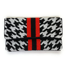 Load image into Gallery viewer, beaded clutch purse, beaded bag, birthday gift for her, winter clutch, seed bead purse, beaded bag, seed bead clutch, houndstooth clutch bag, engagement gift, bridal gift to bride, bridal gift, black white purse, gifts to bride, wedding gift, bride gifts, cross body purse, bride to be gift, engagement gift, bachelorette gifts, best friend gift, best selling item, party bag, fall purse, best friend gift, bridesmaid gift, bachelorette gift, houndstooth print beaded clutch purse, red stripes crossbody purse