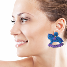 Load image into Gallery viewer, baby shower Beaded Earrings, beaded baby shower Earrings, Gender reveal Earrings, Gender reveal Beaded Earrings, blue pink earrings, Horse rocker beaded earrings, New mom beaded earrings, Blue earrings, Beaded earrings, Baby shower bead earrings, gender reveal seed bead earrings, baby shower gifts, gender reveal gifts, baby shower accessories, baby shower beaded accessories, gender reveal accessories, gifts for new moms, first time gifts for mom, best Selling items