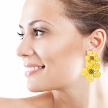 Load image into Gallery viewer, floral Beaded Earrings, beaded YELLOW Earrings, Yellow floral Earrings, yellow love Beaded Earrings, Yellow flower earrings, floral lover bead earrings, daisy beaded earrings, yellow floral earrings, Beaded earrings, yellow Love bead earrings, yellow seed bead earrings, floral accessories, spring summer accessories, spring summer earrings, gifts for mom, best friend gifts, birthday gifts, flower earrings, flower beaded earrings, floral earrings accessory, yellow earrings, sequin earrings 