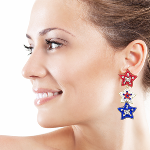 July 4th Earrings, USA Earrings, Fourth of July Earrings, Independence Day Jewelry, America Earrings, American Earrings, Patriot Earrings,USA Earrings, Patriotic, American Earrings, Star Beaded Earrings, Seed Bead Earrings, Stars & Stripes, freedom Patriotic Earrings, USA Start Earrings, 4th of July Star earrings, Star Fashion Earrings, Memorial Day Earrings, Stars Beaded, Fashion Statement, triple stars Dangle earrings, USA earrings, handmade earrings, Blue earrings, red white blue earrings