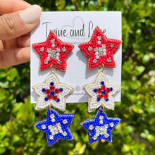 Load image into Gallery viewer, July 4th Earrings, USA Earrings, Fourth of July Earrings, Independence Day Jewelry, America Earrings, American Earrings, Patriot Earrings,USA Earrings, Patriotic, American Earrings, Star Beaded Earrings, Seed Bead Earrings, Stars & Stripes, freedom Patriotic Earrings, USA Start Earrings, 4th of July Star earrings, Star Fashion Earrings, Memorial Day Earrings, Stars Beaded, Fashion Statement, triple stars Dangle earrings, USA earrings, handmade earrings, Blue earrings, red white blue earrings