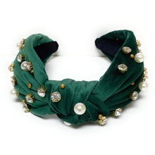 Load image into Gallery viewer, headbands for women, Wide headband, handmade headbands, top knotted headband, knotted headband, hair band for women, embellished headband, rhinestone headband, gemstone headband for women, luxury headband, jeweled headband for women, knotted jeweled headband, bling headband, embellished knot headband, luxury knot headband, pearly headbands, pearly rhinestone headband, fall hair accessories, fall headbands, winter headbands, velvet jeweled headband, embellished headband, best selling items