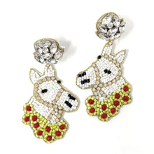 Load image into Gallery viewer, horse Beaded Earrings, beaded horse Earrings, horse Earrings, derby Beaded Earrings, derby earrings, derby lover bead earrings, derby horse beaded earrings, white horse earrings, Beaded earrings, white horseshoe bead earrings, horse seed bead earrings, derby accessories, spring summer earrings, gifts for mom, Horseshoe earrings, best friend gifts, birthday gifts, Derby horse earrings, flower beaded earrings, horse derby earrings accessory, white horse earrings, white beaded earrings