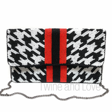 Load image into Gallery viewer, beaded clutch purse, beaded bag, birthday gift for her, winter clutch, seed bead purse, beaded bag, seed bead clutch, houndstooth clutch bag, engagement gift, bridal gift to bride, bridal gift, black white purse, gifts to bride, wedding gift, bride gifts, cross body purse, bride to be gift, engagement gift, bachelorette gifts, best friend gift, best selling item, party bag, fall purse, best friend gift, bridesmaid gift, bachelorette gift, houndstooth print beaded clutch purse, red stripes crossbody purse