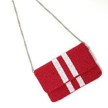 Load image into Gallery viewer, Beaded clutch purse, red beaded clutch, GameDay Purse, roll tide Beaded bag, roll tide purse, Game Day purse, Alabama college, game day college purse, roll tide beaded purse, best friend gift, college bag, college game day gift, red purse gifts,  roll tide bead purse, college gifts, college football red clutch, red beaded purse, red with white striped purse, red purse with white stripes, tailgating outfit, tailgating beaded clutch, Football beaded clutch, woo pig purse, Razorbacks purse 