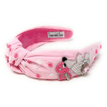 Load image into Gallery viewer, headbands for women, Easter knotted headband, headband style, top knot headband, Pink top knot headband, Easter headband, Easter hair band, bunny knot headband, top knotted headband, Bunny knotted headband, handmade headbands, top knotted headband, hand bead knotted headband, Easter bunny hair band for women, Hand bead St. Patrick’s headband, statement headbands, embellished headband, chic headband, Easter knot headband, Easter bunny headband, Easter hair accessories, Bunny knot headband