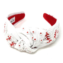 Load image into Gallery viewer, headband for women, baseball Knot headband, baseball lover headband, baseball knotted headband, baseball top knot headband, baseball top knotted headband, white knotted headband, baseball hair band, beaded baseball knot headband, white color baseball headband, statement headbands, top knotted headband, knotted headband, baseball lover gifts, baseball embellished headband, luxury headband, baseball fan gifts, jeweled knot headband, baseball knot embellished headband