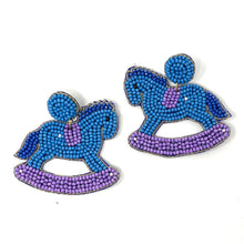 Load image into Gallery viewer, baby shower Beaded Earrings, beaded baby shower Earrings, Gender reveal Earrings, Gender reveal Beaded Earrings, blue pink earrings, Horse rocker beaded earrings, New mom beaded earrings, Blue earrings, Beaded earrings, Baby shower bead earrings, gender reveal seed bead earrings, baby shower gifts, gender reveal gifts, baby shower accessories, baby shower beaded accessories, gender reveal accessories, gifts for new moms, first time gifts for mom, best Selling items