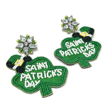 Load image into Gallery viewer, Green Beaded Earrings, St. Patrick’s Day Earrings, St. Pats Earrings, Leprechaun Beaded Earrings, Seed Bead, Leprechaun earrings, Green Clover Leaf earrings, Shamrock beaded earrings, St. Patricks beaded earrings, Four Clover Leaf beaded earrings, St, Patricks beaded earrings, Clover Leaf seed bead earrings, Green seed bead earrings, St. Patrick’s day gifts, St. Patrick’s day accessories, holiday beaded accessories, Green accessories, St Patrick’s Day Shamrock earrings, Shamrock gifts, best Selling items
