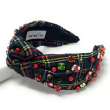 Load image into Gallery viewer, Christmas Jeweled Headband, Christmas Knotted Headband, Plaid Knotted Headband, Christmas Hair Accessories, Green Plaid Headband, Best Seller, headbands for women, best selling items, knotted headband, hairbands for women, Christmas gifts, Christmas knot Headband, Green Plaid hair accessories, Christmas headband, plaid holiday headband, Statement headband, Holiday gifts, embellished knot headband, jeweled knot headband, Red plaid Jeweled headband, tartan Embellished headband, Christmas embellished headband