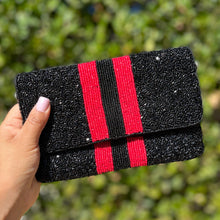 Load image into Gallery viewer, Beaded clutch purse, black red beaded clutch, GameDay Purse, go dawgs Beaded bag, go dawgs purse, Game Day purse, Georgia go dawgs, game day college purse, black red beaded purse, best friend gift, college bag, college game day gift, go bulls gifts, red black purse, college gifts, college football green clutch, red striped beaded purse, black with red striped purse, black purse with red stripes, tailgating outfit, tailgating beaded clutch, Football beaded clutch 