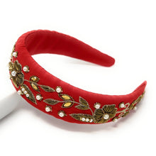 Load image into Gallery viewer, headband for women, baroque headband, red headbands for women, birthday headbands, red color headband, red beaded headband, gold headband, holiday hair band, Christmas headbands, Red Christmas headband, statement headbands, top knotted headband, Gold floral headband, party headbands, trendy headband, fashion headbands, embellished headband, rhinestone headband, gemstone headband for women, luxury headband, jeweled headband for women, jeweled knot headband, statement headbands, unique headbands