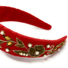 Load image into Gallery viewer, headband for women, baroque headband, red headbands for women, birthday headbands, red color headband, red beaded headband, gold headband, holiday hair band, Christmas headbands, Red Christmas headband, statement headbands, top knotted headband, Gold floral headband, party headbands, trendy headband, fashion headbands, embellished headband, rhinestone headband, gemstone headband for women, luxury headband, jeweled headband for women, jeweled knot headband, statement headbands, unique headbands