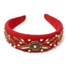 Load image into Gallery viewer, headband for women, baroque headband, red headbands for women, birthday headbands, red color headband, red beaded headband, gold headband, holiday hair band, Christmas headbands, Red Christmas headband, statement headbands, top knotted headband, Gold floral headband, party headbands, trendy headband, fashion headbands, embellished headband, rhinestone headband, gemstone headband for women, luxury headband, jeweled headband for women, jeweled knot headband, statement headbands, unique headbands