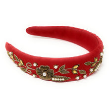 Load image into Gallery viewer, headband for women, baroque headband, red headbands for women, birthday headbands, red color headband, red beaded headband, gold headband, holiday hair band, Christmas headbands, Red Christmas headband, statement headbands, top knotted headband, Gold floral headband, party headbands, trendy headband, fashion headbands, embellished headband, rhinestone headband, gemstone headband for women, luxury headband, jeweled headband for women, jeweled knot headband, statement headbands, unique headbands