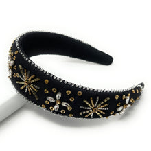 Load image into Gallery viewer, headband for women, baroque headband, black headbands for women, birthday headbands, black color headband,  black beaded headband, gold headband, holiday hair band, Christmas headbands, Black Christmas headband, statement headbands, top knotted headband, black stars headband, party headbands, trendy headband, starlight headband, embellished headband, rhinestone headband, gemstone headband for women, luxury headband, jeweled knot headband, statement headbands, unique headbands, New years eve headband