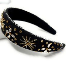 Load image into Gallery viewer, headband for women, baroque headband, black headbands for women, birthday headbands, black color headband,  black beaded headband, gold headband, holiday hair band, Christmas headbands, Black Christmas headband, statement headbands, top knotted headband, black stars headband, party headbands, trendy headband, starlight headband, embellished headband, rhinestone headband, gemstone headband for women, luxury headband, jeweled knot headband, statement headbands, unique headbands, New years eve headband
