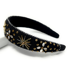 Load image into Gallery viewer, headband for women, baroque headband, black headbands for women, birthday headbands, black color headband,  black beaded headband, gold headband, holiday hair band, Christmas headbands, Black Christmas headband, statement headbands, top knotted headband, black stars headband, party headbands, trendy headband, starlight headband, embellished headband, rhinestone headband, gemstone headband for women, luxury headband, jeweled knot headband, statement headbands, unique headbands, New years eve headband