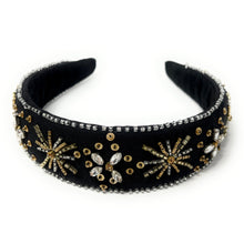 Load image into Gallery viewer, headband for women, baroque headband, black headbands for women, birthday headbands, black color headband,  black beaded headband, gold headband, holiday hair band, Christmas headbands, Black Christmas headband, statement headbands, top knotted headband, black stars headband, party headbands, trendy headband, starlight headband, embellished headband, rhinestone headband, gemstone headband for women, luxury headband, jeweled knot headband, statement headbands, unique headbands, New years eve headband
