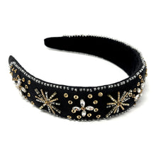 Load image into Gallery viewer, headband for women, baroque headband, black headbands for women, birthday headbands, black color headband,  black beaded headband, gold headband, holiday hair band, Christmas headbands, Black Christmas headband, statement headbands, top knotted headband, black stars headband, party headbands, trendy headband, starlight headband, embellished headband, rhinestone headband, gemstone headband for women, luxury headband, jeweled knot headband, statement headbands, unique headbands, New years eve headband