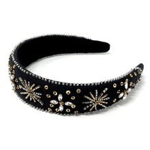 Load image into Gallery viewer, headband for women, baroque headband, black headbands for women, birthday headbands, black color headband,  black beaded headband, gold headband, holiday hair band, Christmas headbands, Black Christmas headband, statement headbands, top knotted headband, black stars headband, party headbands, trendy headband, starlight headband, embellished headband, rhinestone headband, gemstone headband for women, luxury headband, jeweled knot headband, statement headbands, unique headbands, New years eve headband