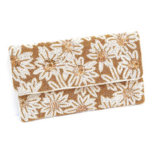 Load image into Gallery viewer, White flowers beaded clutch purse, birthday gift for her, summer clutch, seed bead purse, beaded bag, palm leaf handbang, beaded bag, seed bead clutch, summer bag, birthday gift for her, clutch bag, seed bead purse, engagement gift, bridal gift to bride, bridal gift, palm leaves purse, gifts to bride, gifts for bride, wedding gift, bride gifts,beaded clutch purse, birthday gift for her, summer clutch, seed bead purse, beaded bag, summer bag, boho purse, nude color purse, bronze color purse