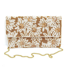 Load image into Gallery viewer, White flowers beaded clutch purse, birthday gift for her, summer clutch, seed bead purse, beaded bag, palm leaf handbang, beaded bag, seed bead clutch, summer bag, birthday gift for her, clutch bag, seed bead purse, engagement gift, bridal gift to bride, bridal gift, palm leaves purse, gifts to bride, gifts for bride, wedding gift, bride gifts,beaded clutch purse, birthday gift for her, summer clutch, seed bead purse, beaded bag, summer bag, boho purse, nude color purse, bronze color purse