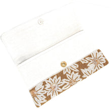 Load image into Gallery viewer, White flowers beaded clutch purse, birthday gift for her, summer clutch, seed bead purse, beaded bag, palm leaf handbang, beaded bag, seed bead clutch, summer bag, birthday gift for her, clutch bag, seed bead purse, engagement gift, bridal gift to bride, bridal gift, palm leaves purse, gifts to bride, gifts for bride, wedding gift, bride gifts,beaded clutch purse, birthday gift for her, summer clutch, seed bead purse, beaded bag, summer bag, boho purse, nude color purse, bronze color purse